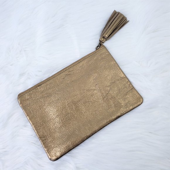 POTTERY BARN 100% Leather Gold Tassel Clutch Bag - Picture 2 of 7
